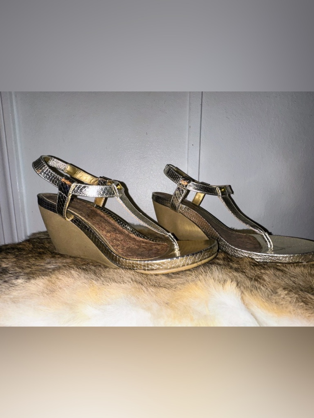Chaps Metallic Gold T-Strap Wedge Sandals